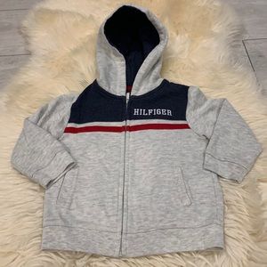 Tommy Hilfiger 18M Hoodie in Cream/Blue/Red with Hilfiger Logo